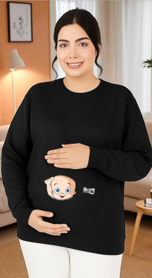 Fermuarlı Bebek Baskılı Hamile Sweatshirt/ KAPIDA ÖDEME