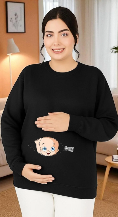 Fermuarlı Bebek Baskılı Hamile Sweatshirt/ KAPIDA ÖDEME