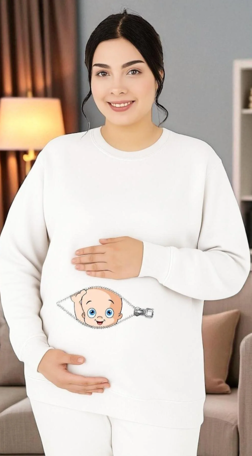 Fermuarlı Bebek Baskılı Hamile Sweatshirt/ KAPIDA ÖDEME