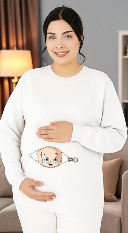 Fermuarlı Bebek Baskılı Hamile Sweatshirt/ KAPIDA ÖDEME
