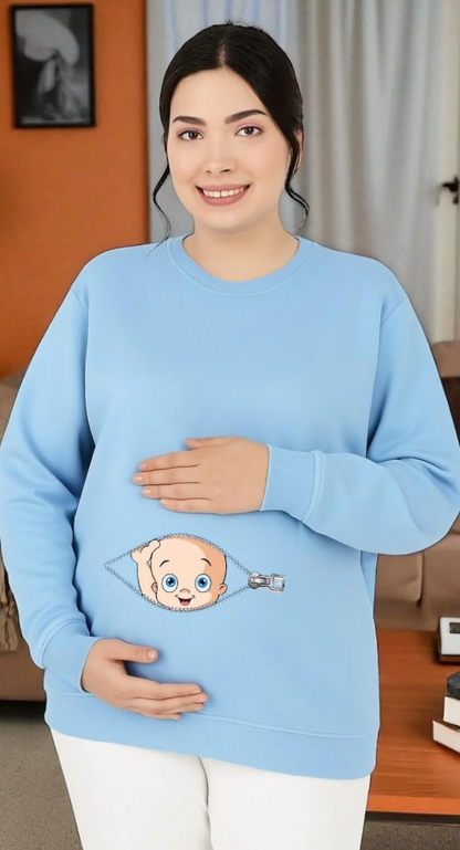 Fermuarlı Bebek Baskılı Hamile Sweatshirt/ KAPIDA ÖDEME