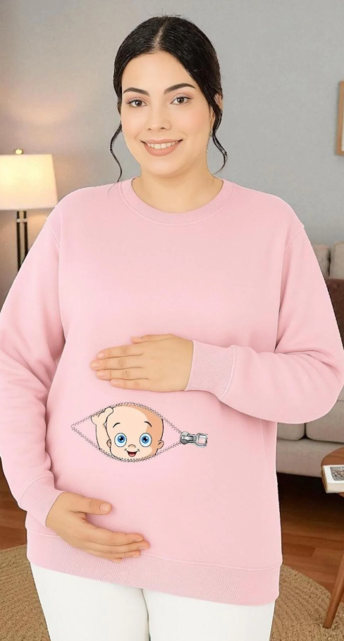Fermuarlı Bebek Baskılı Hamile Sweatshirt/ KAPIDA ÖDEME