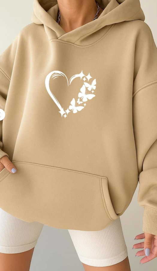 Oversize Kapüşonlu Sweatshirt – Kalp Desen/  KAPIDA ÖDEME