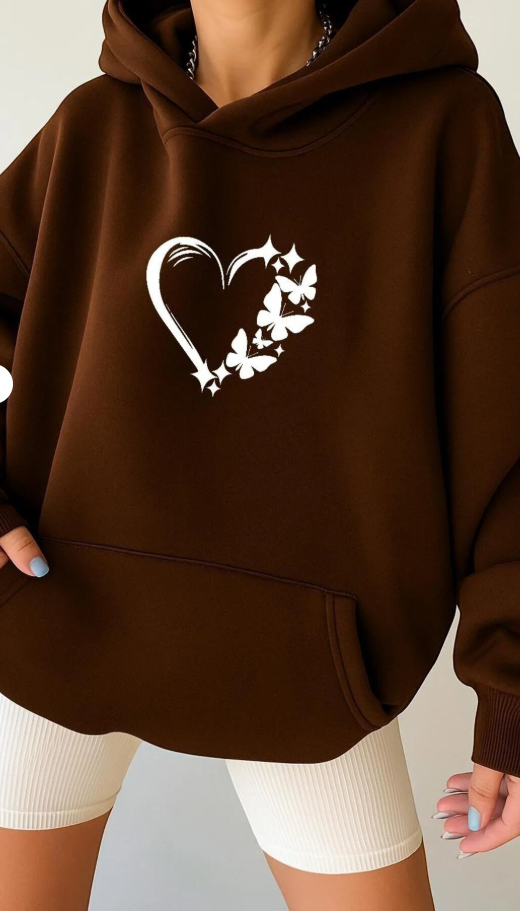 Oversize Kapüşonlu Sweatshirt – Kalp Desen/  KAPIDA ÖDEME