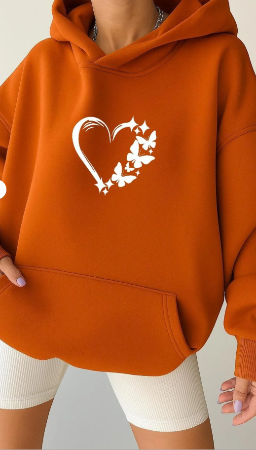 Oversize Kapüşonlu Sweatshirt – Kalp Desen/  KAPIDA ÖDEME