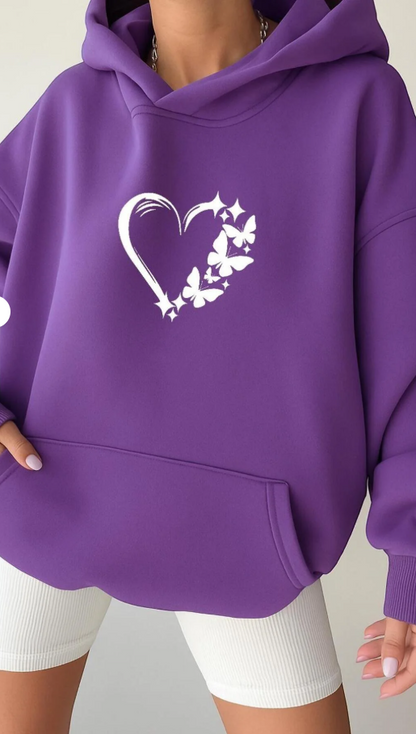 Oversize Kapüşonlu Sweatshirt – Kalp Desen/  KAPIDA ÖDEME