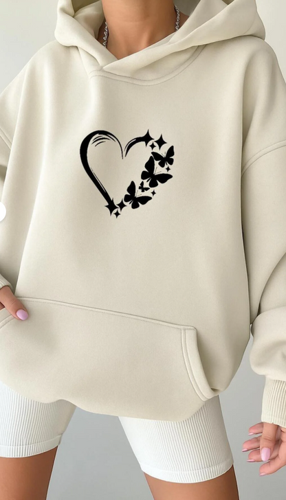 Oversize Kapüşonlu Sweatshirt – Kalp Desen/  KAPIDA ÖDEME